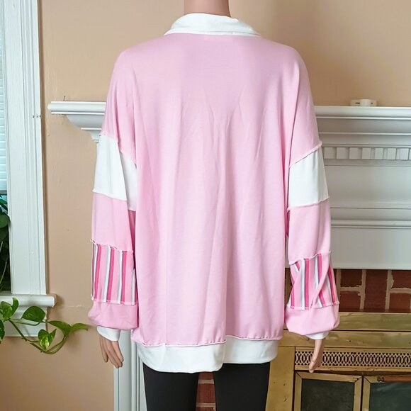 Lovely Melody Long Sleeve Top XL Pink & Stripe Collared Exposed Seam Blouse - Picture 6 of 8